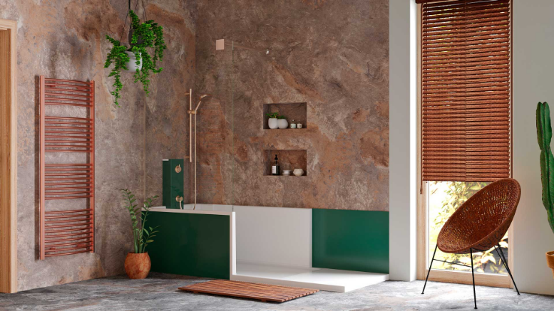 Une salle de bain avec une douche à l'italienne dans un style naturaliste