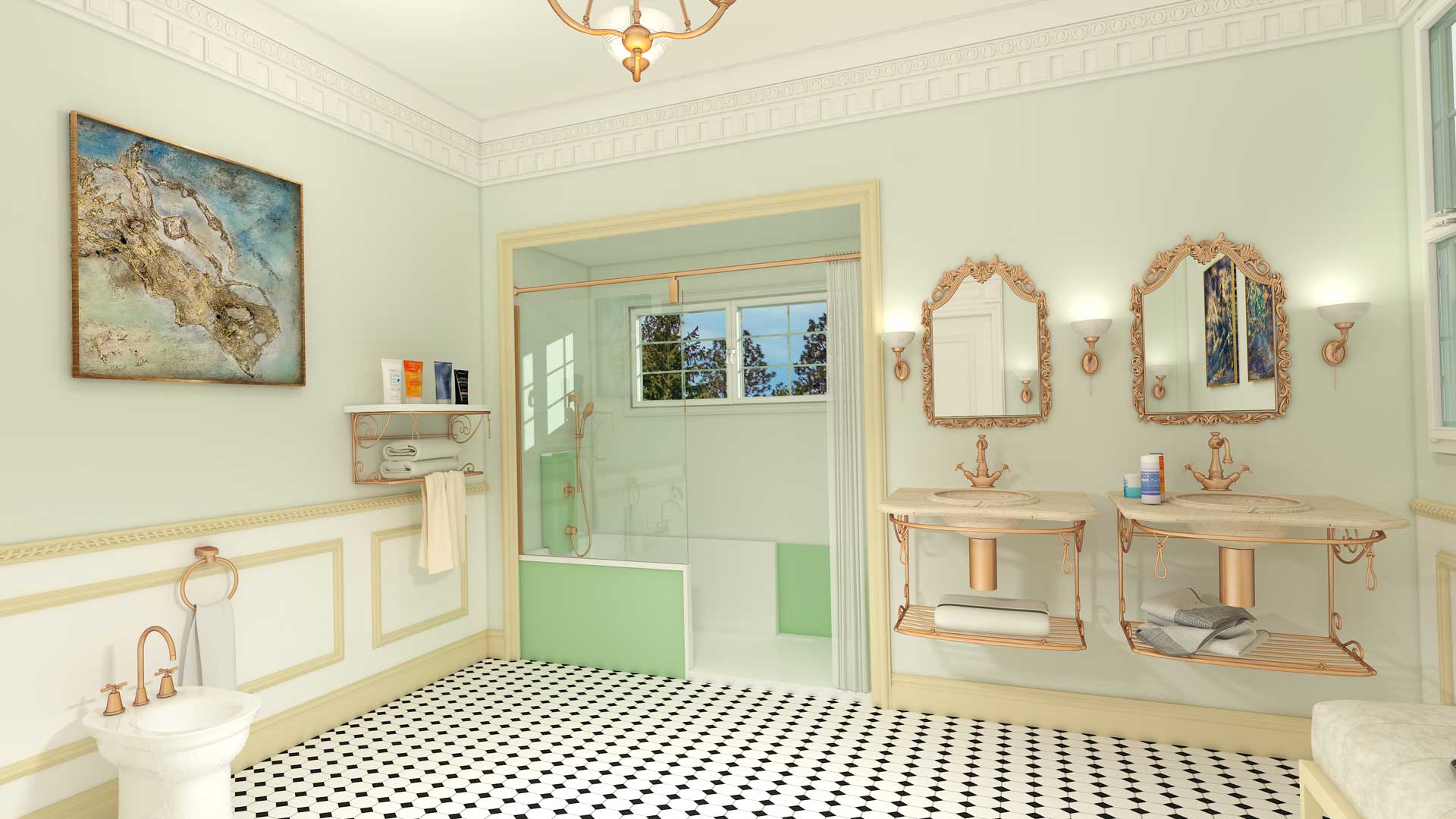 Une douche à l'italienne dans une salle de bain de style rétro baroque